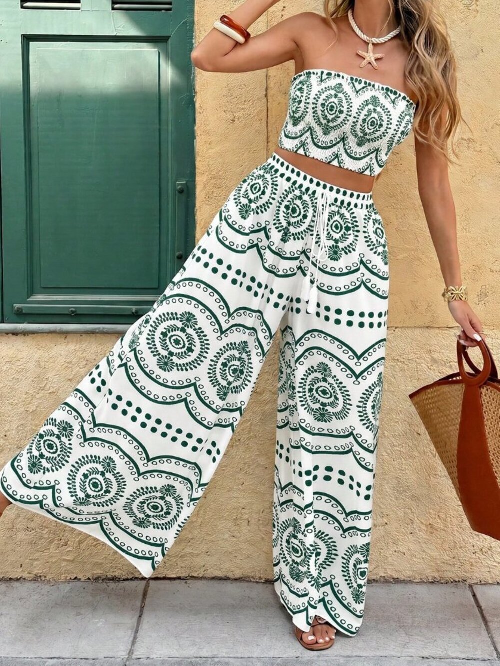 Green Boho Women's Full Print Bandeau Top And Wide Leg Pants Casual Set - Picture 4 of 7
